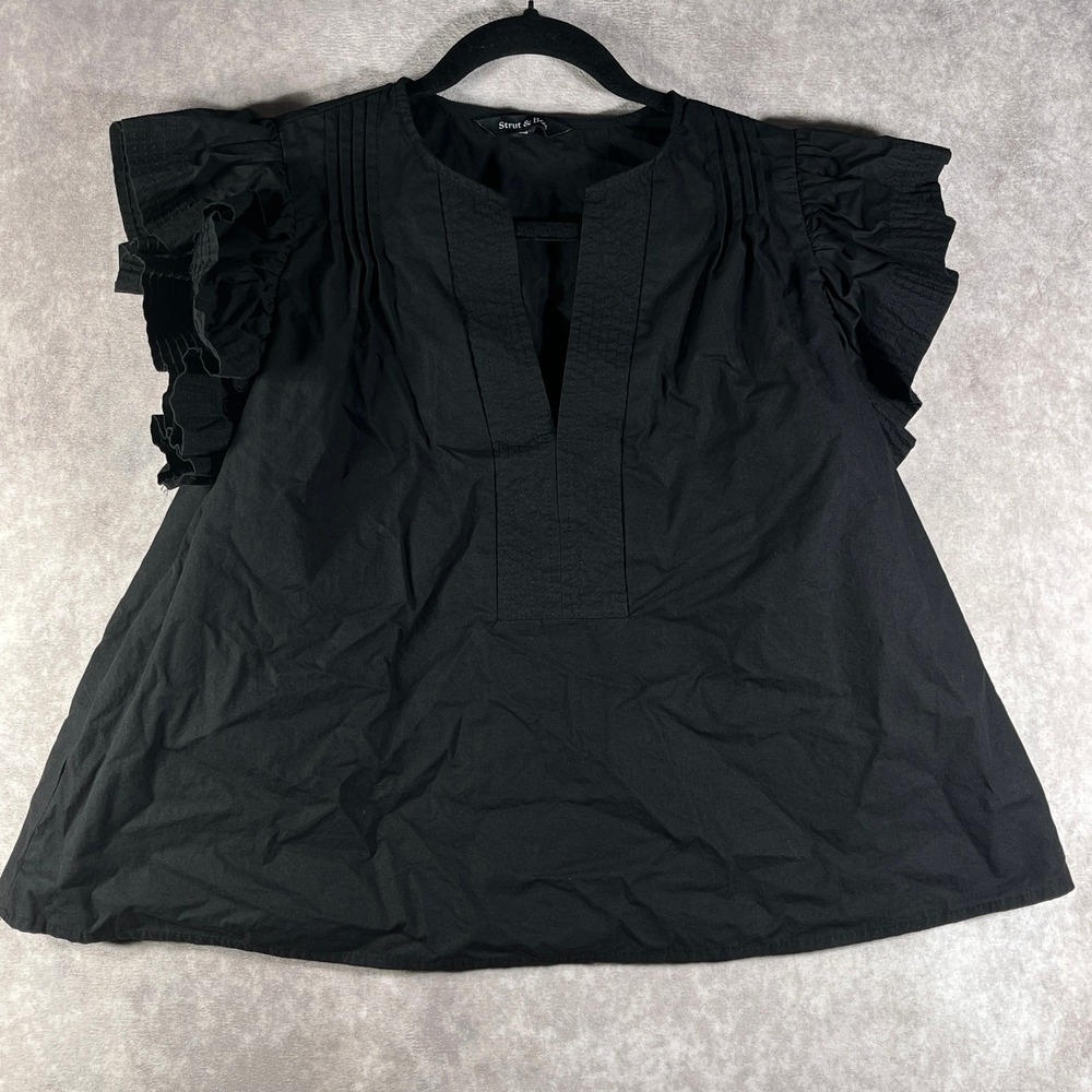 Strut & Bolt Top Womens Small Black Flutter Sleeve V-Neck Cropped Batwing Casual
